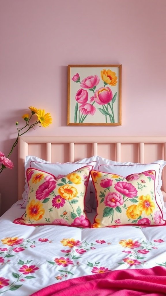 A cozy bedroom with pink walls, floral pillows, and a flower painting.