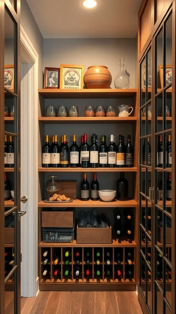 A walk-in pantry featuring a wooden wine rack filled with various wine bottles, decorative items, and glassware.