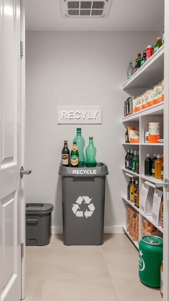 A walk-in pantry featuring a recycling station with labeled bins for bottles and paper products.
