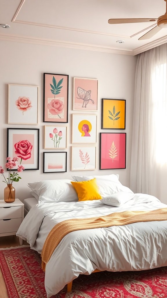 A stylish bedroom featuring a gallery wall with pink and yellow artwork, a white bed with a yellow pillow, and a cozy atmosphere.
