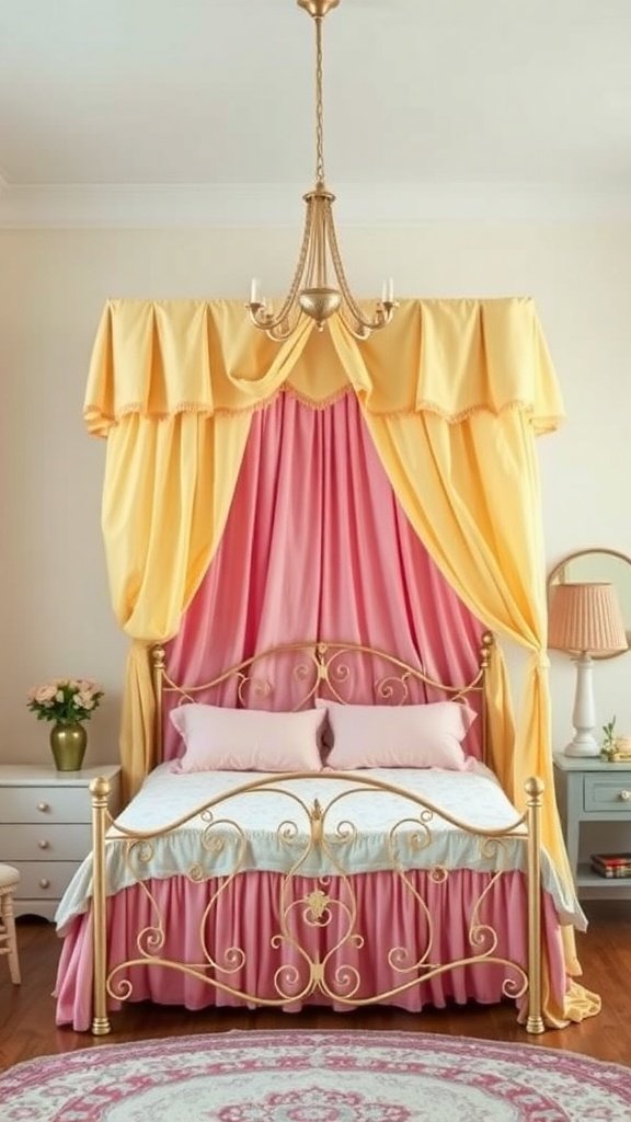 A charming pink and yellow canopy bed with gold accents, featuring soft drapes and a cozy atmosphere.