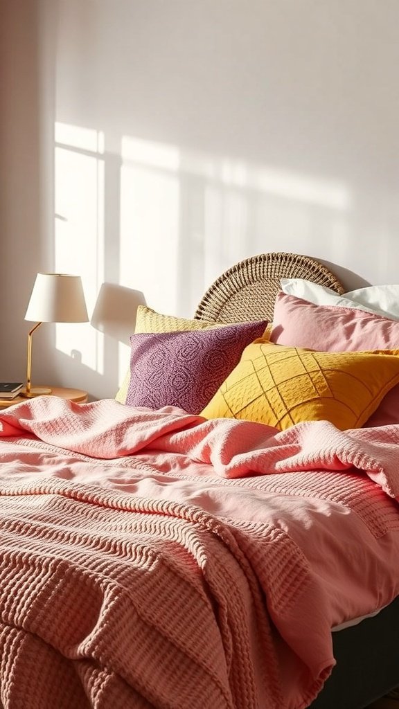 A cozy bedroom featuring pink textured bedding and colorful pillows