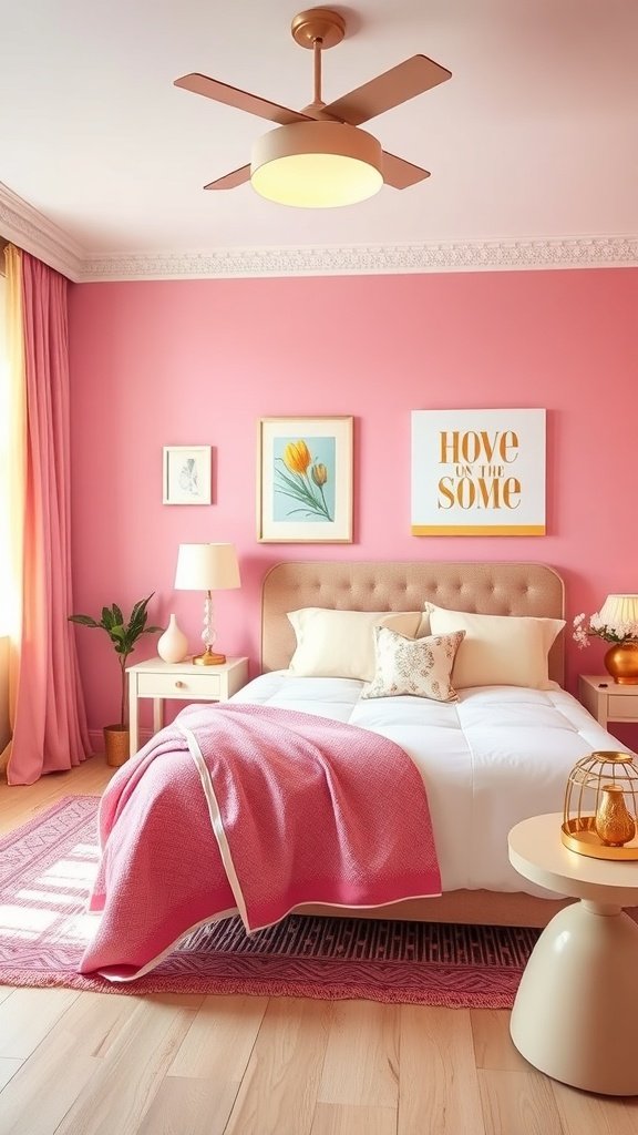 A stylish bedroom featuring a pink color palette with yellow accents, cozy bedding, and decorative elements.