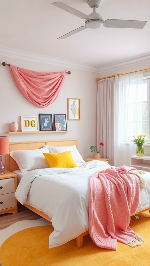 A stylish pink and yellow bedroom featuring a cozy bed with a yellow pillow and pink throw blanket, framed art on the wall, and decorative items on the nightstand.
