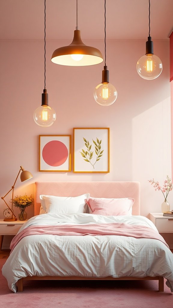 A stylish bedroom featuring pink walls, a cozy bed with pink and white bedding, and modern pendant lights hanging from the ceiling.