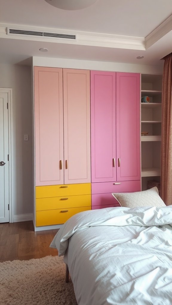 Colorful wardrobe with pink and yellow doors in a stylish bedroom
