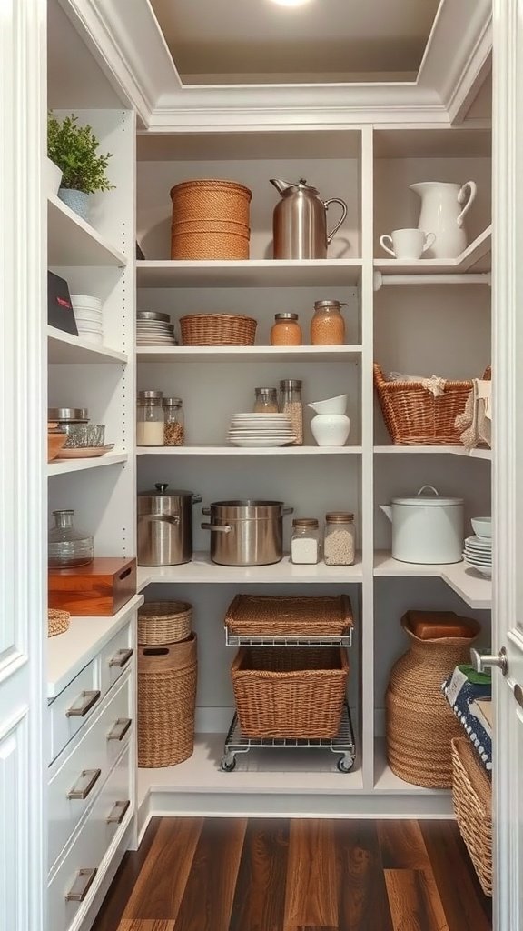 A well-organized walk-in pantry featuring open shelving with various containers and a small plant.
