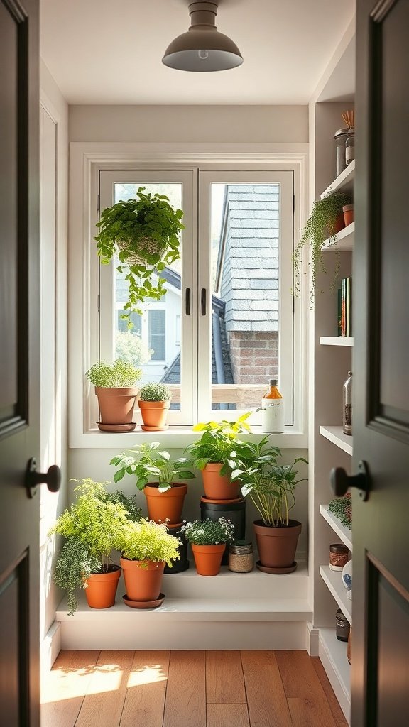 A cozy walk-in pantry with a variety of herbs in terracotta pots by a sunny window.