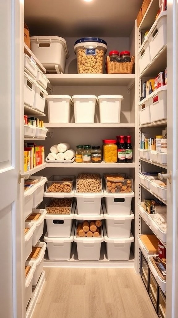 A well-organized walk-in pantry featuring stackable storage bins on shelves.