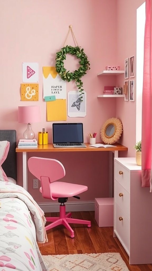 A pink and yellow themed workspace nook with a desk, laptop, pink chair, and decorative wall art.