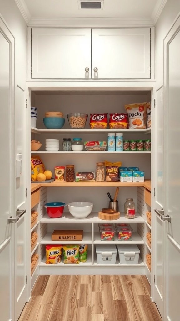 A well-organized walk-in pantry with shelves containing snacks, cooking supplies, and colorful containers.