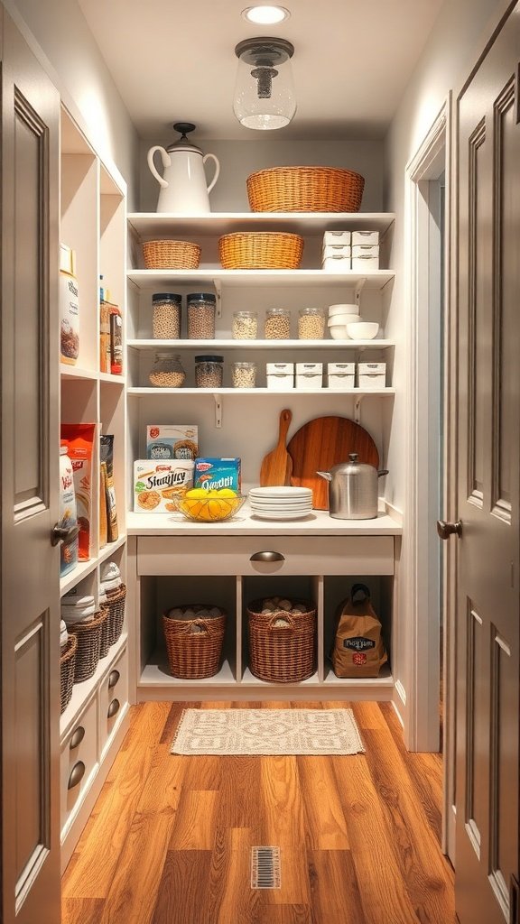 A well-organized walk-in pantry with shelves of food items and a cozy breakfast nook setup.
