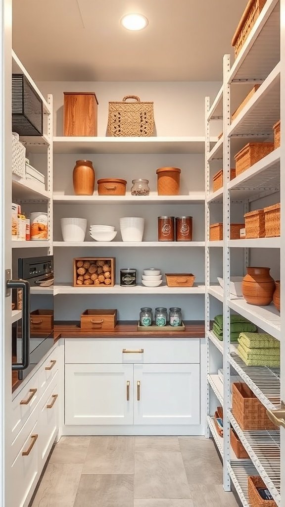 A well-organized walk-in pantry featuring customizable shelving and various storage containers.