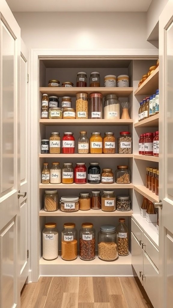 A well-organized walk-in pantry with labeled jars and containers on shelves.