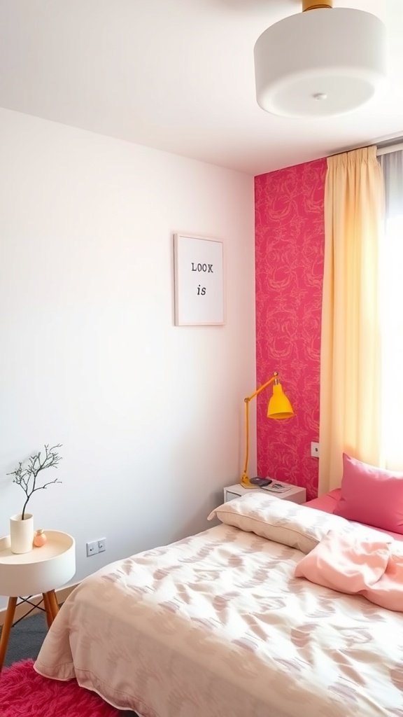 A stylish bedroom featuring a pink accent wall, white bedding, and a yellow lamp.