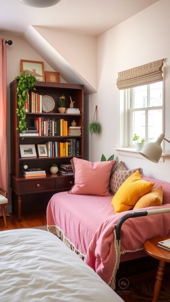 A cozy reading nook with a pink daybed, colorful pillows, a bookshelf filled with books, and plants.