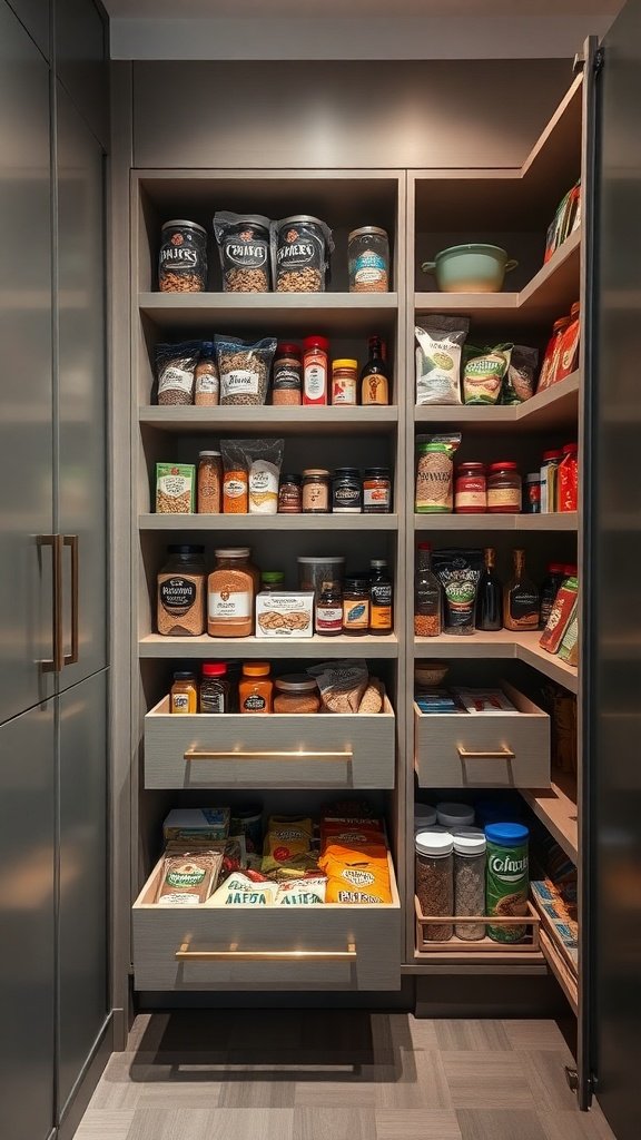 A well-organized walk-in pantry featuring pull-out drawers filled with various food items.