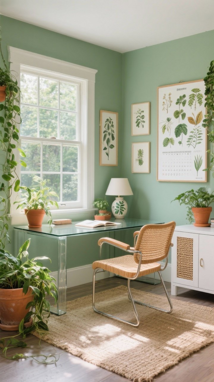 Corner wide shot with window light: A garden-inspired greenhouse office featuring sage green walls and a large window; a glass-top desk centered in front of the window, flanked by terracotta planters with cascading pothos; a rattan accent chair creating a sunlit reading nook; a soft jute rug on the floor; botanical art prints on the wall; a ceramic table lamp with a leafy motif on a side cabinet; white cabinets with cane door inserts; an oversized wall calendar with botanical illustrations as a focal point; palette of sage, terracotta, natural rattan, and ivory; fresh, breezy feel; photorealistic.