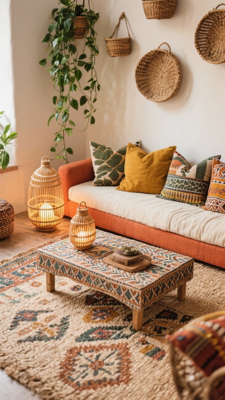 Detail closeup, Boho Layered Sanctuary: overhead view of a jute base rug topped with a patterned kilim, adjacent to a low Moroccan coffee table; terracotta sectional edge visible with mixed-print pillows; rattan lanterns glowing softly, a trailing pothos plant cascading nearby, wall-hung baskets adding texture in the background; palette terracotta, mustard, olive, cream; intimate, layered boho vibe.