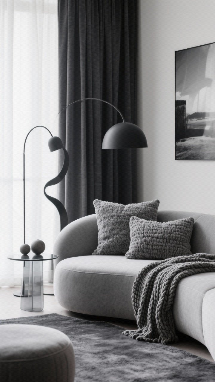 Detail closeup, Minimalist Monochrome Cocoon: tight shot of a stone-gray sectional corner with boucle pillows and a chunky knit throw, resting on a graphite rug; curved silhouettes visible—a round ottoman edge and arched floor lamp stem; charcoal drapes with blackout lining in soft background blur; sculptural black-and-white photography and ceramic spheres on a smoked glass side table; palette charcoal, slate, dove, soft white; soft, diffused lighting.