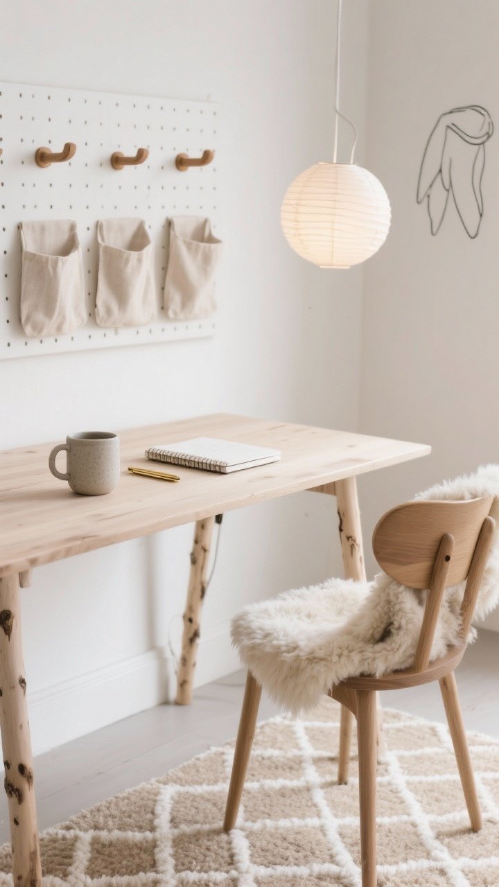 Detail closeup: Scandinavian cozy neutrals—focus on a birch desk vignette with a stoneware mug, linen notebook, and brass pen arranged neatly; background softly shows whitewashed walls, a pegboard with linen pockets and oak hooks, and a curved wooden chair draped with a fluffy sheepskin throw; a paper lantern pendant diffuses warm light; minimalist line art barely visible; flatweave beige-and-cream diamond rug texture in foreground; palette of white, birch, sand, and soft taupe; photorealistic.