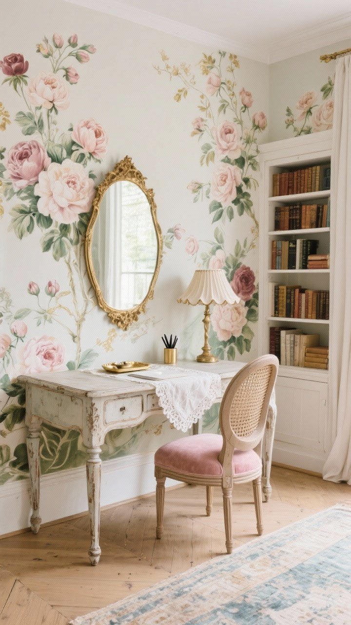 Medium shot, angled: Romantic vintage home office with a statement wall of painterly floral wallpaper (roses and peonies); a French-style writing desk with cabriole legs centered, paired with a cane-back chair with a blush velvet cushion; desk styled with a scalloped lamp, lace-trimmed linen runner, and tiny brass tray for pens; a distressed white bookcase to the side; a gilt mirror hung to bounce soft daylight; light oak floors with a faded vintage rug; palette of cream, blush, sage, and antique gold; photorealistic.
