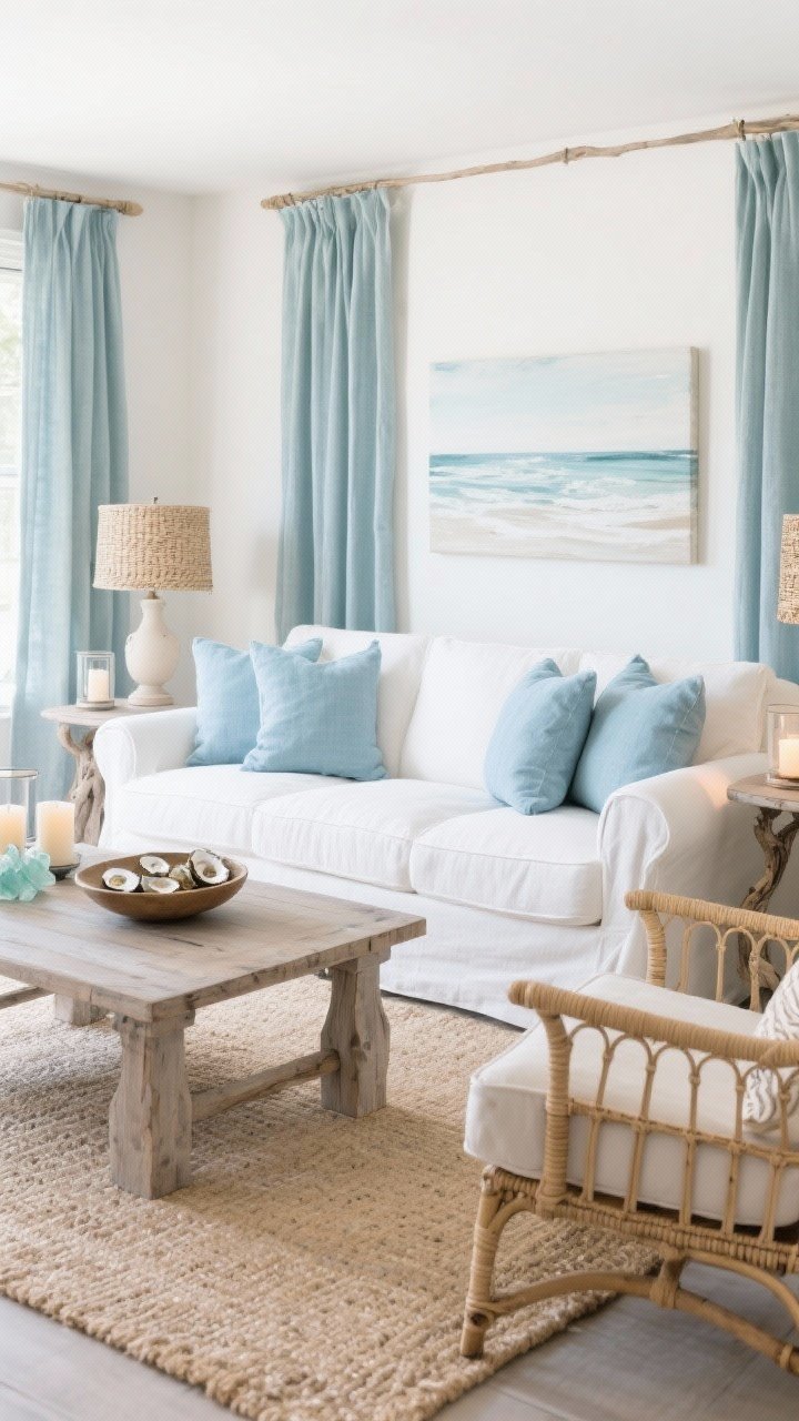Medium shot, Coastal Soft Serenity: white slipcovered sofa with soft blue linen pillows, sand-toned jute rug, washed oak coffee table with a shallow bowl of shells; oyster-colored drapes, subtle seascape art on the wall; rattan chair with a cozy cushion adding texture; table lamps with woven shades and candle hurricanes providing a gentle coastal glow; palette sea glass blue, sand, white, driftwood.