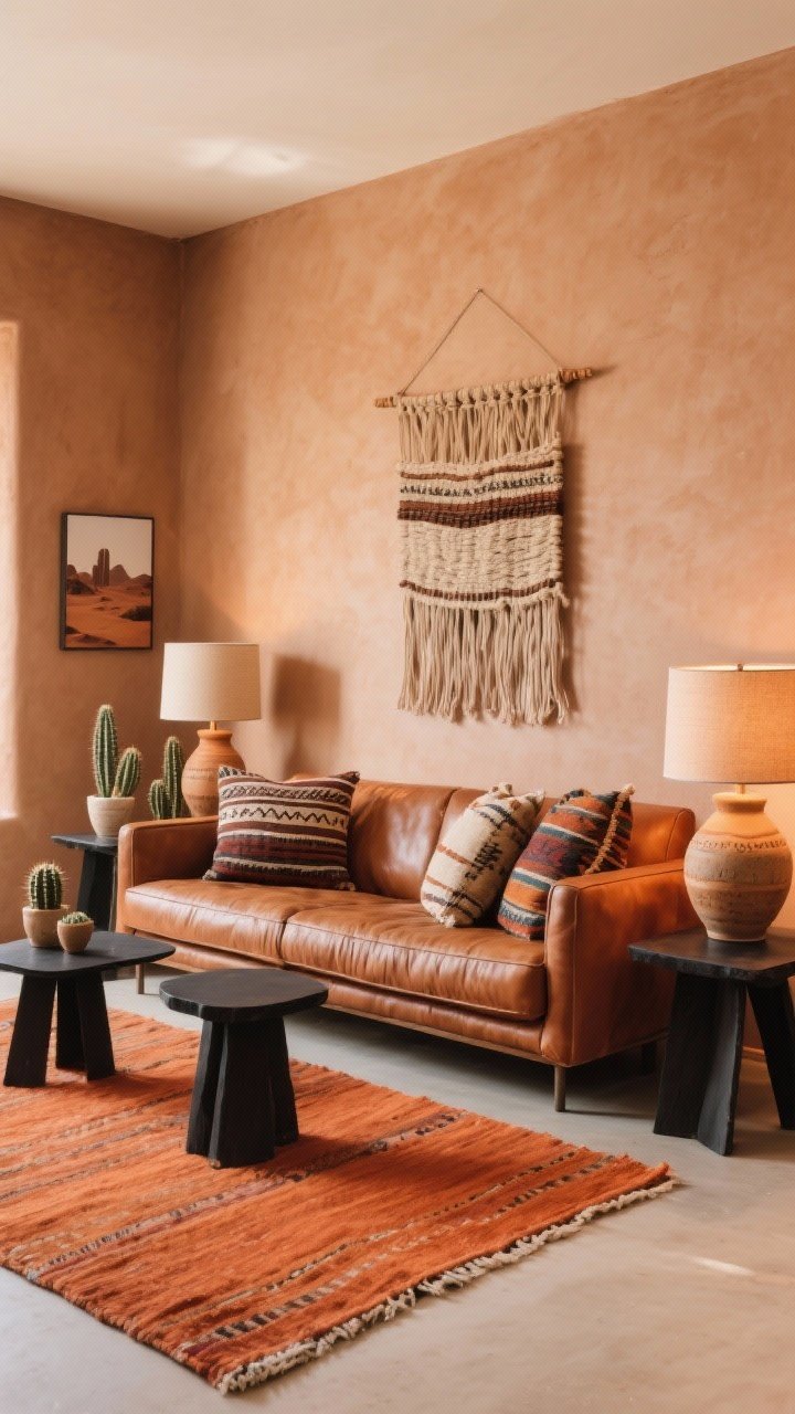 Medium shot, Desert Modern Nest: clay-colored walls, saddle leather sofa with mudcloth pillows, blackened steel side tables; flatweave rug in burnt orange beneath; ceramic table lamps with sandy glazes casting warm light; textured fiber art hung above the sofa; accents include small cacti and desert photography; palette clay, terracotta, sand, charcoal; sun-kissed, earthy mood.