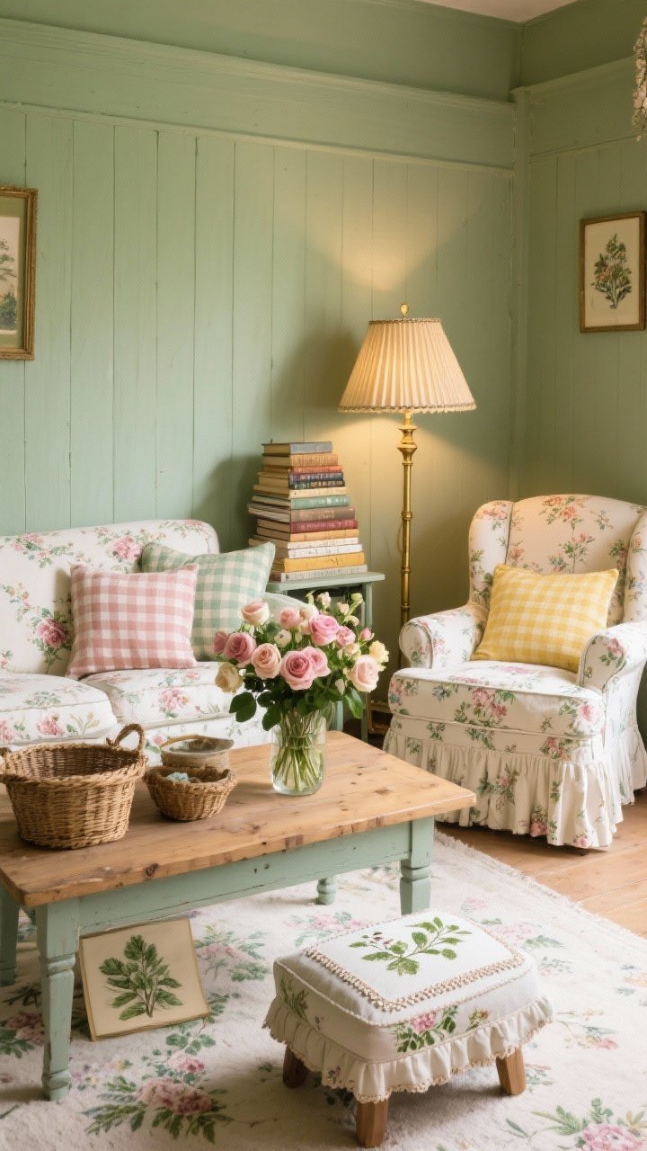 Medium shot, English Cottage Nook: floral chintz sofa with gingham cushions beside a skirted slipcovered armchair, painted pine coffee table stacked with well-loved books; soft sage-green walls, brass floor lamp with pleated lampshade casting a warm pool of light; needlepoint footstool, botanical prints, woven baskets, and a vase of fresh-cut garden roses; palette sage, cream, blush, butter yellow; cozy, storybook ambiance.