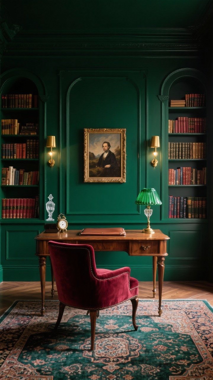 Medium shot, moody lighting: A regal jewel-tone library office with deep emerald walls and brass picture lights highlighting built-in shelves filled with hardcover books and crystal bookends; a classic walnut desk with a leather blotter; a burgundy velvet chair in front; a Persian-style rug underfoot; an antique-style desk clock and a green glass banker’s lamp on the desk; artwork choice of an oil portrait or moody landscape on the wall; palette of emerald, burgundy, walnut, and brass; lush, old-world sophistication; photorealistic.