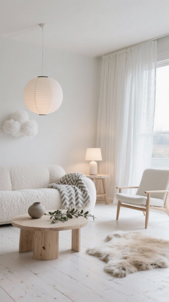 Medium shot, Scandinavian Cloud Retreat: whitewashed floors and a cloud-like boucle sofa with a herringbone throw, airy linen drapes filtering soft daylight, pale birch coffee table styled with matte ceramics and eucalyptus; sheepskin rug draped over a light lounge chair; palette whites, sand, misty gray; paper lantern pendant above, dimmable table lamp softly lit; calm, breezy, serene mood, photorealistic.