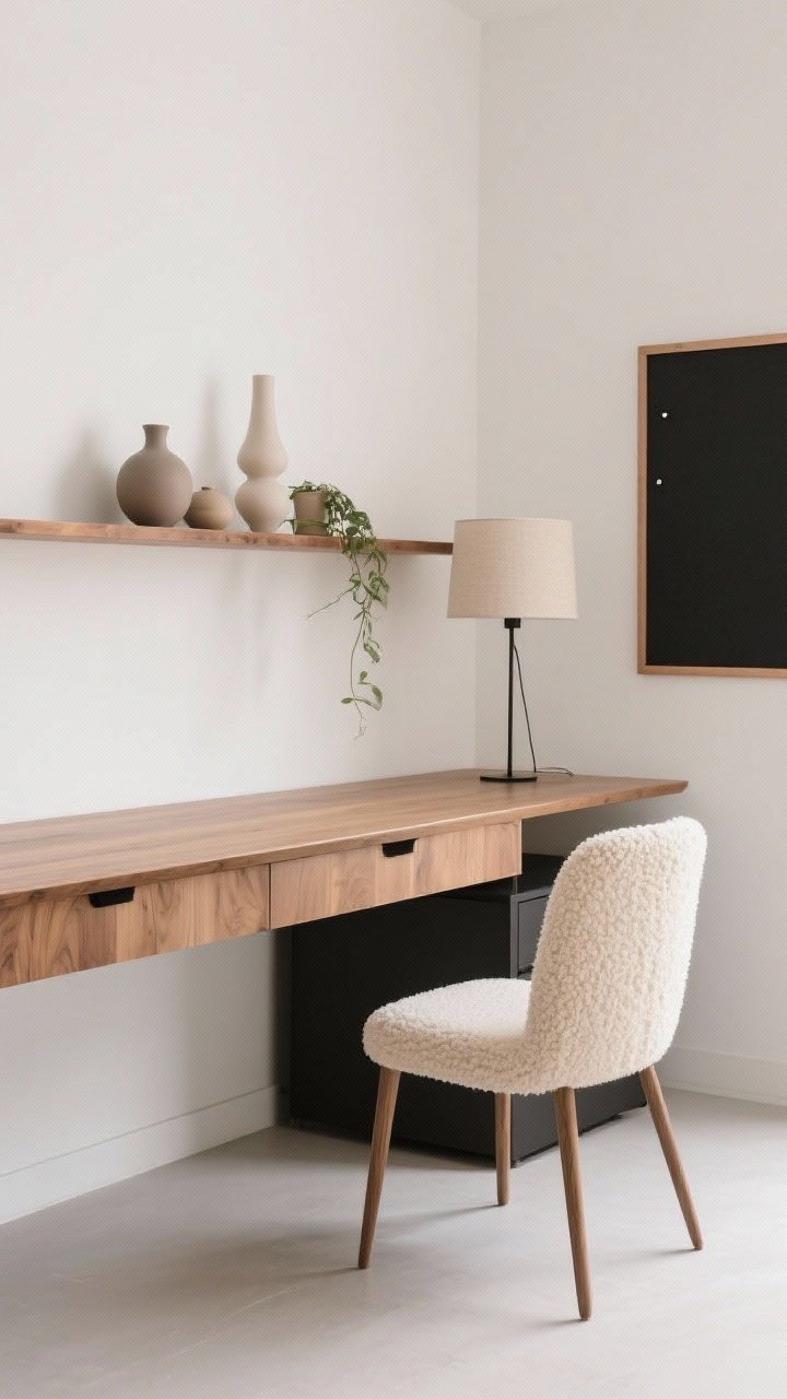 Medium shot, straight-on: A modern minimalist feminine office with warm white walls; an oak desk with waterfall edges and hidden storage keeps the surface clear; a soft cream boucle chair tucked in; a long floating shelf above the desk styled with sculptural ceramic vessels and a single trailing plant; a thin black-framed pinboard to the side; a lean floor lamp with a linen shade casting a diffused glow; textures of boucle, raw wood, and smooth ceramic highlighted; palette of cream, oak, matte black, and soft gray; photorealistic.