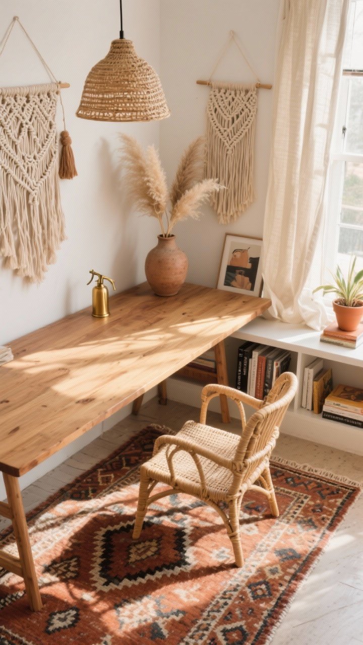 Overhead detail shot: Light-filled boho studio desktop and floor vignette—mango wood desk edge with woven pendant light shadowing across a patterned kilim rug; a sculptural rattan chair partially visible; macrame wall art tassels and dried pampas in a ceramic vase peeking into frame; open shelf edge with terracotta pots and art books; a brass plant mister glinting in natural light; linen café curtains filtering sunshine; palette of sand, terracotta, rust, and ivory; photorealistic.