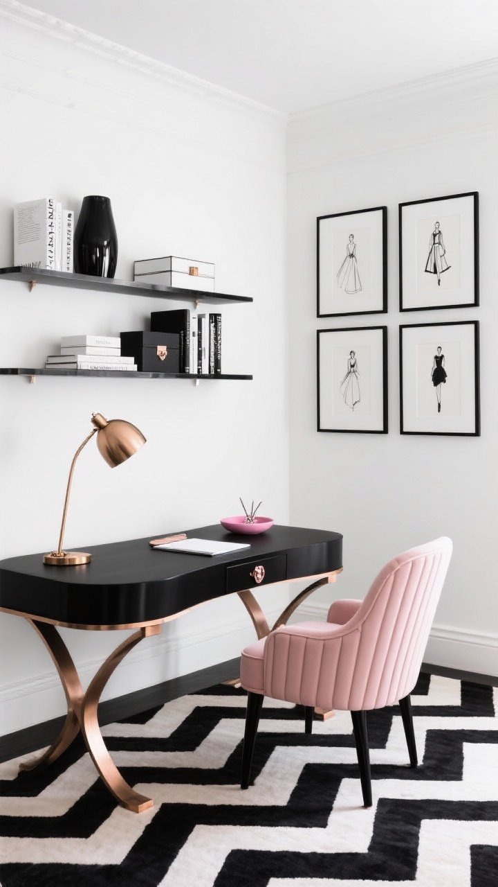 Straight-on medium shot: A glamorous black-and-white office with crisp white walls and high-contrast finishes; a black writing desk with curved edges and rose gold hardware; a black-and-white chevron rug energizing the floor; a gallery wall of fashion sketches in monochrome; a rose gold desk lamp with a sleek dome shade; shelves styled with monochrome books, glossy boxes, and a tiny pink jewelry dish doubling as a paperclip holder; seating is a channel-tufted blush chair with matte black legs; palette of white, black, rose gold, and blush; photorealistic.