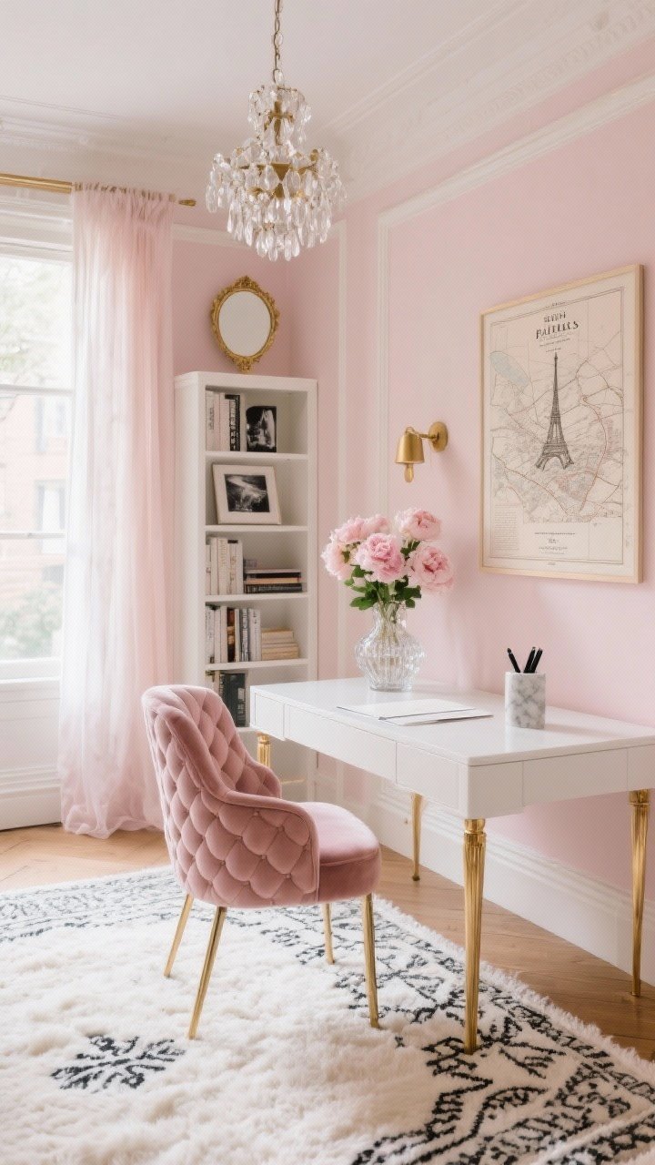 Wide room shot: A Parisian-chic feminine home office with dreamy blush walls and creamy white trim glowing in afternoon light; a white lacquered writing desk with slim brass legs centered on a plush ivory Moroccan-style rug; a tufted velvet desk chair in dusty rose; a small crystal mini chandelier overhead; wall decor including a framed vintage Paris map and black-and-white photography; floaty sheer curtains at the window; a slim white bookcase with brass picture lights above; styled with a gilded mirror, peonies in a crystal vase, and a marble pen holder; palette of blush, ivory, brass with subtle black accents; photorealistic.