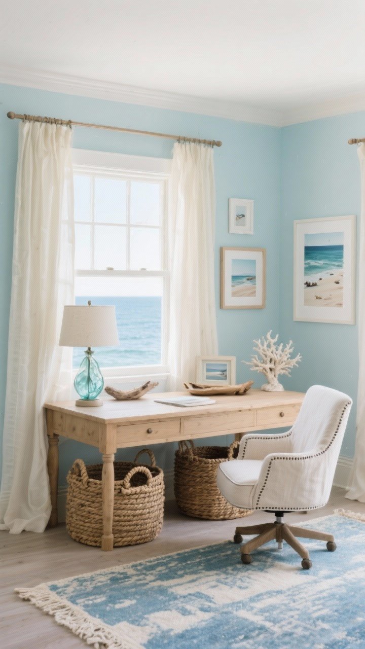 Wide room shot with airy lighting: A soft coastal serenity home office with ocean hues; a light oak desk sitting on a blue-and-ivory rug; pale linen curtains gently swaying at the window; coastal art on the walls; a serene powder blue accent wall; sea glass lamp on the desk; woven rope baskets for storage; decor includes a driftwood tray, framed beach photography, and a small coral sculpture; a linen slipcovered swivel chair with understated piping; palette of seafoam, powder blue, oat, and white; calm and airy; photorealistic.
