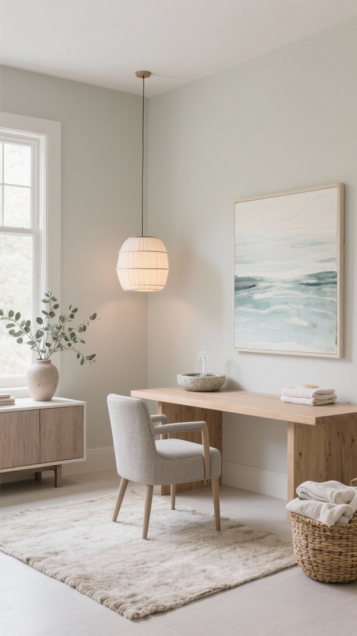 Wide room shot with spa-like ambiance: Serenity spa-inspired retreat featuring pale greige walls, a soft ash wood desk, and a stone-colored linen chair; clean lines and uncluttered surfaces; a neutral wool rug grounding the space; a linen drum pendant providing warm, diffused light; a small tabletop fountain on a credenza beside a ceramic vase with eucalyptus; a woven basket holding folded blankets; minimalist abstract art in soft, watery tones on the wall; palette of greige, stone, ash wood, and warm white; photorealistic.