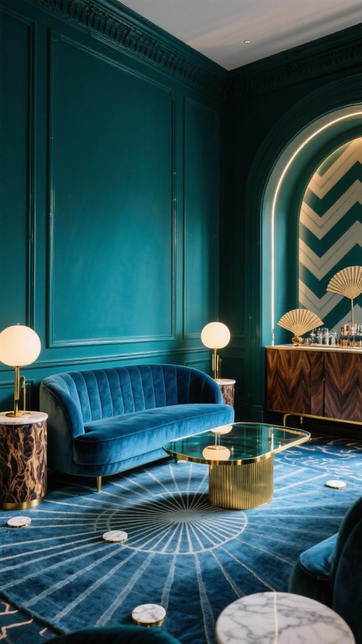 Wide shot, Art Deco Glow Lounge: deep teal walls with picture rail moulding, a curved sapphire velvet sofa centered on a fan-pattern rug; smoked-glass coffee table with brass trim; opal globe lamps glowing on side tables, burled wood bar cabinet to the side; motifs of fans, arches, and chevrons echoed in decor; finishes include lacquer and marble coasters; palette deep teal, sapphire, ivory, brass; moody, glamorous lighting.