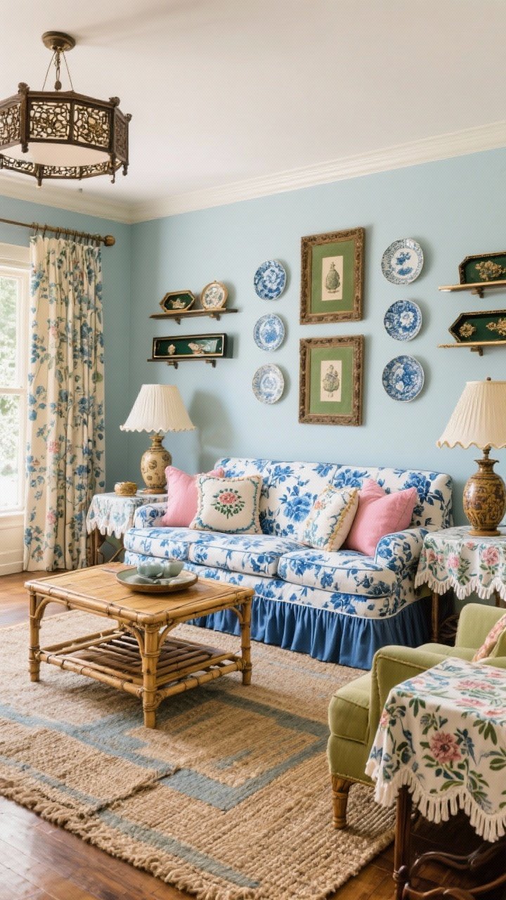 Wide shot, Grandmillennial Cozy Layers: blue-and-white floral sofa opposite a bamboo coffee table, skirted side tables with patterned cloths and scalloped lampshades; layered rug setup with jute under an oriental; needlepoint pillows, gallery wall plates artistically arranged; accents include ginger jars, ruffled curtains, and lacquered trays on display; palette blue, pink, moss, cream; warm, inviting traditional charm, photorealistic.
