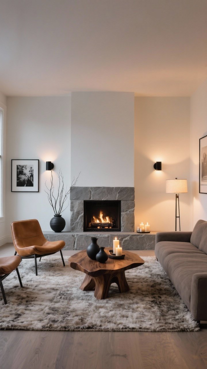 Wide shot, Modern Hearth Haven: a sleek minimalist stone fireplace centered on a warm white wall, low-profile taupe sectional facing a sculptural oak coffee table, camel leather accent chairs flanking the scene, nubby wool rug underfoot; layered lighting with matte black sconces on either side of the mantle, a soft-glow floor lamp in the corner, and candles flickering on the mantle; accents include charcoal ceramics, tall branches in a vase, and framed black-and-white photography; color palette stone gray, camel, warm white, matte black; photorealistic evening ambiance.