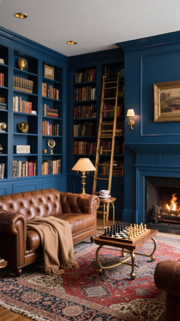 Wide shot, Moody Library Lounge: ink blue built-in shelves filled with novels and curios, brass picture lights highlighting spines; tufted tobacco leather sofa with a cashmere throw, Persian rug anchoring the seating; rolling library ladder along the shelves; a chess set on a small side table next to a cup-and-saucer; shaded brass lamps and fireplace glow for layered lighting; palette ink, tobacco, oxblood, parchment; cozy, scholarly atmosphere.