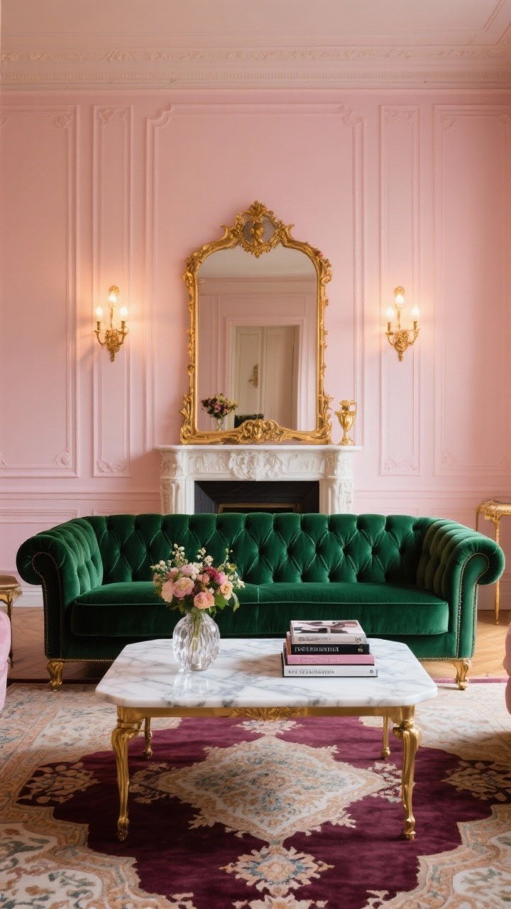 Wide shot, Parisian Velvet Salon: soft blush walls with tall mouldings, a tufted emerald velvet sofa as the jewel focal point, marble-topped coffee table on a Persian rug in wine and cream; gilded mirror above the mantle, vintage brass sconces flanking it; accents include a crystal vase with flowers and stacked fashion books; palette blush, emerald, ivory, antique gold; evening warm lighting, photorealistic glamour.