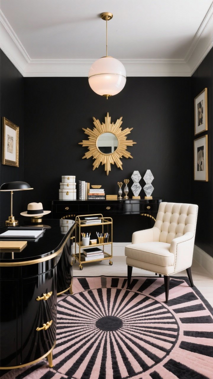 Wide shot, symmetrical: High-contrast Art Deco glam office featuring a black lacquer desk with curved corners and gold pulls; a cream channel-tufted chair; a bold deco fan-patterned rug anchoring the space; a round sunburst mirror over a console; a black-and-gold bar cart repurposed for office supplies; decor includes stacked hat boxes, marble bookends, and geometric frames; opaline glass globe pendant casting a soft glow; palette of black, ivory, gold, and soft blush; photorealistic.