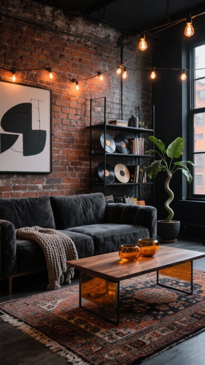 Wide shot, Urban Industrial Warm-Up: exposed brick feature wall, charcoal velvet sofa layered with an oversized knit throw, amber glass accents on a smoked oak coffee table; black metal bookshelf with records and abstract art, vintage kilim rug grounding the space; string lights and warm Edison bulbs add glow; potted snake plant in the corner; palette charcoal, rust, amber, black; evening urban warmth, photorealistic.
