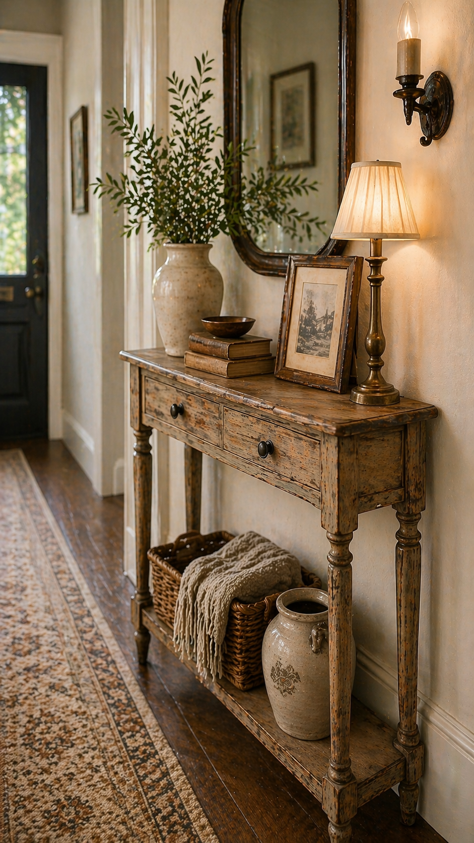 Slim narrow vintage console table perfect for tight hallway entryway spaces