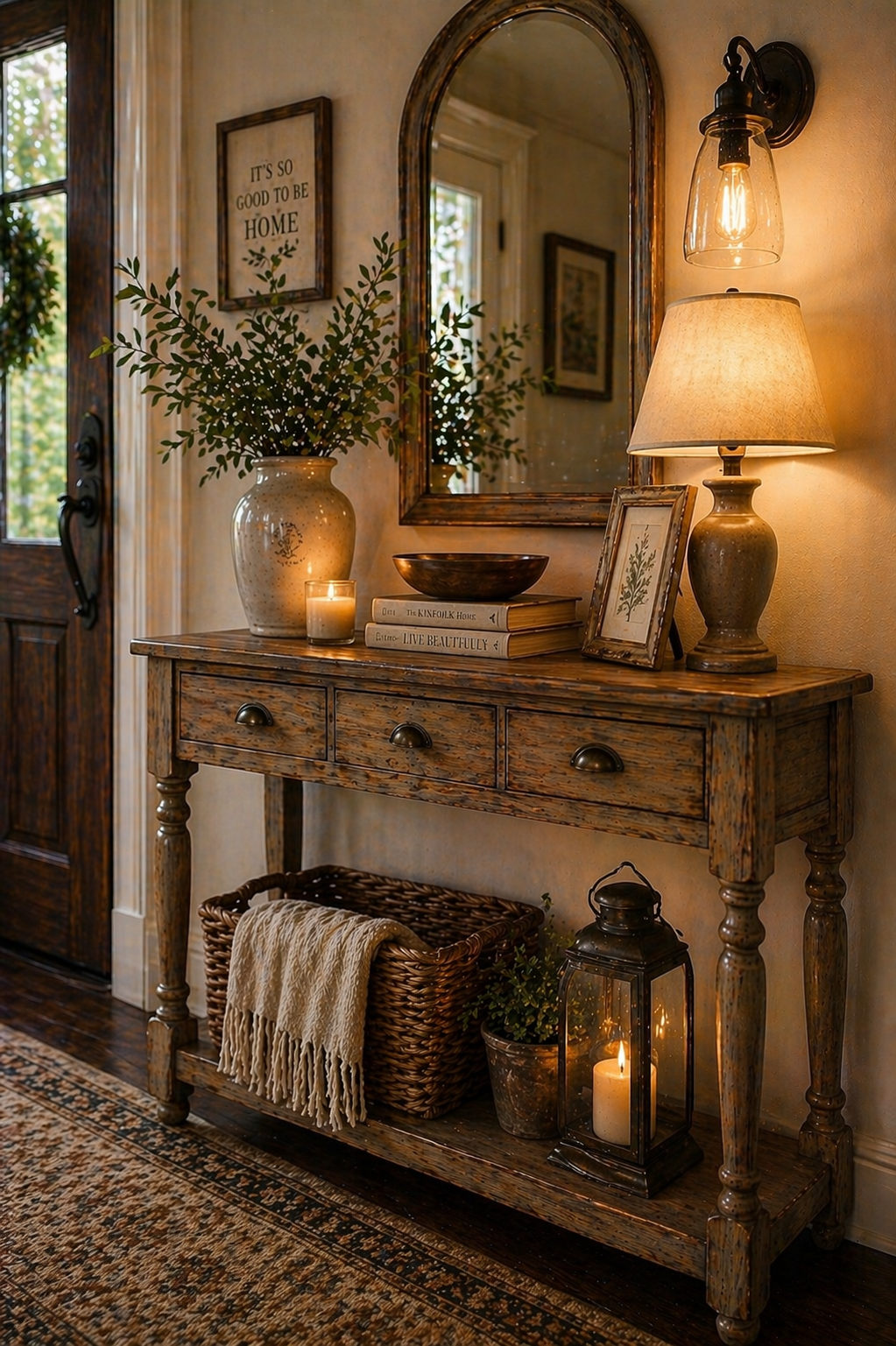 Vintage entryway table styled with layered lighting creating warm welcoming ambiance