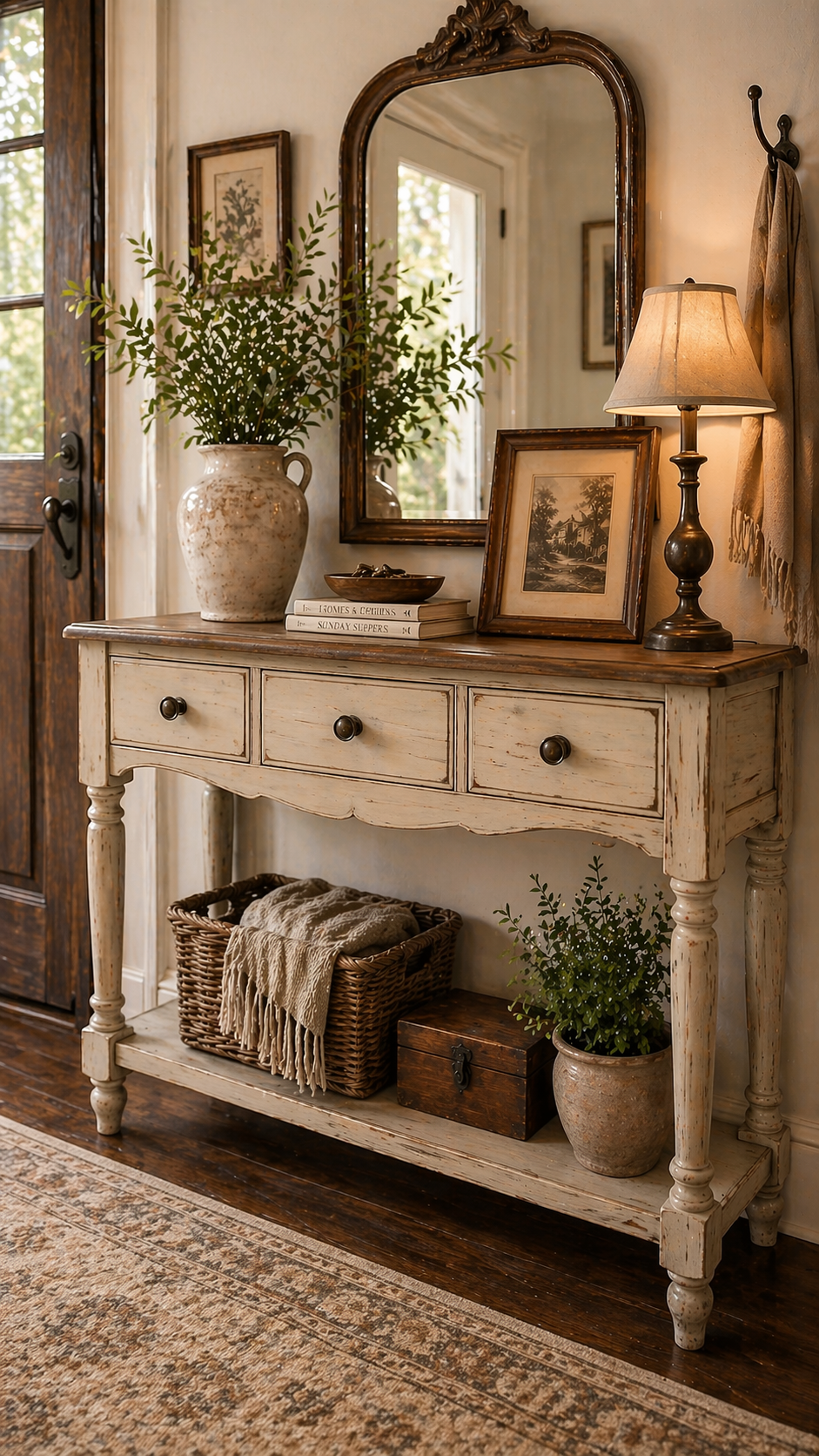 Vintage console table with drawers providing hidden storage for entryway organization