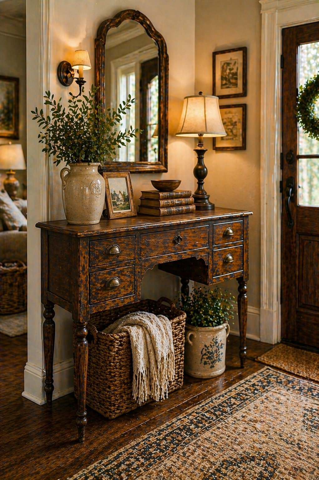 Repurposed vintage writing desk used as unique entryway table with storage drawers