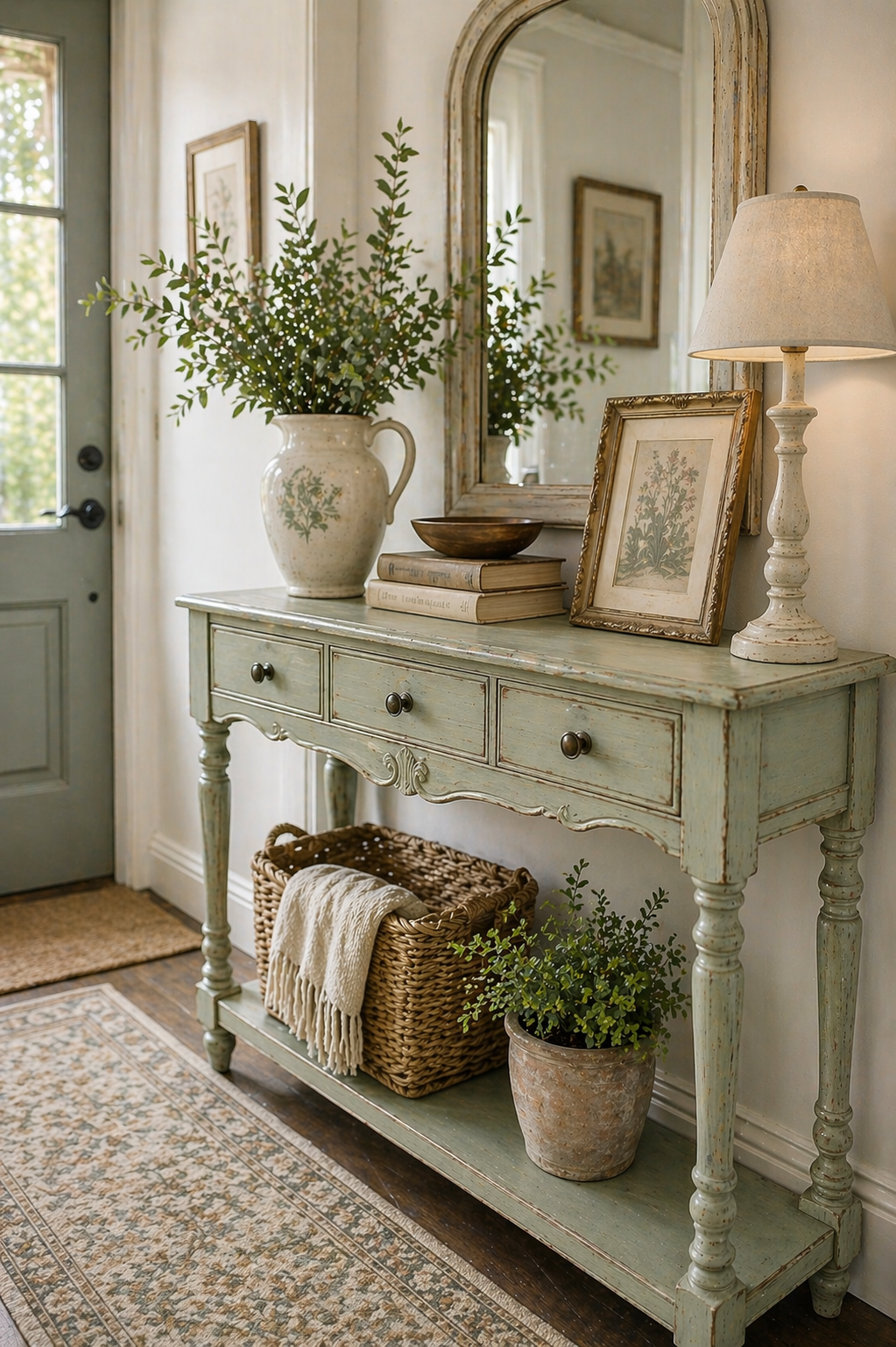 Chalk painted vintage table in soft sage green creating light airy entryway design
