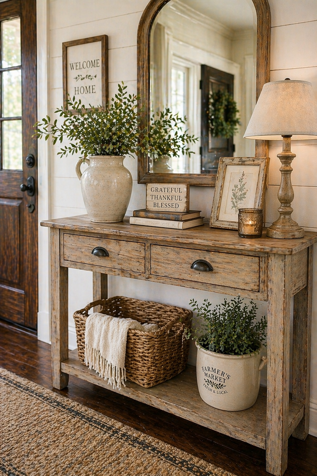 Farmhouse style entry table with lower shelf for basket storage and rustic decor